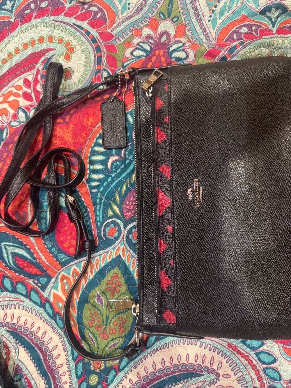 Coach Black Leather Crossbody with Red Chevron Accents